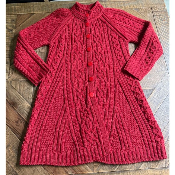 Aran Crafts Sweaters - Blarney Ireland 100% Merino Wool Long Cable Knit Sweater L Made in Ireland Red